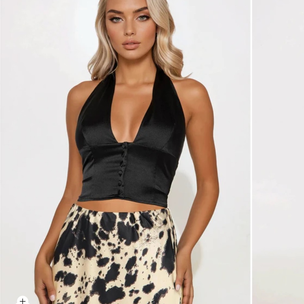 Fashion Nova Black Satin Halter Crop Top